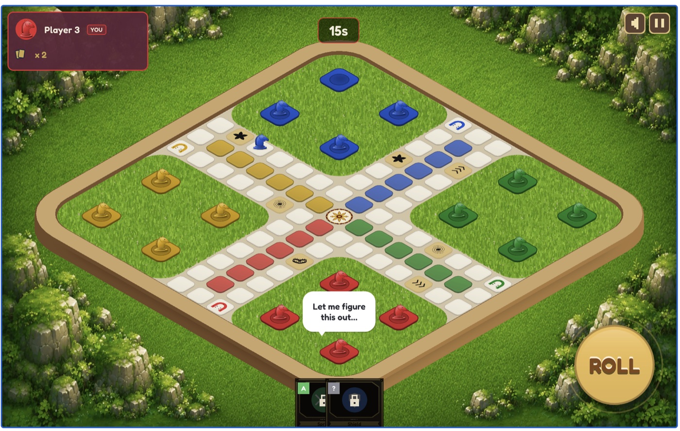 Four-player live match on the Grassland board theme