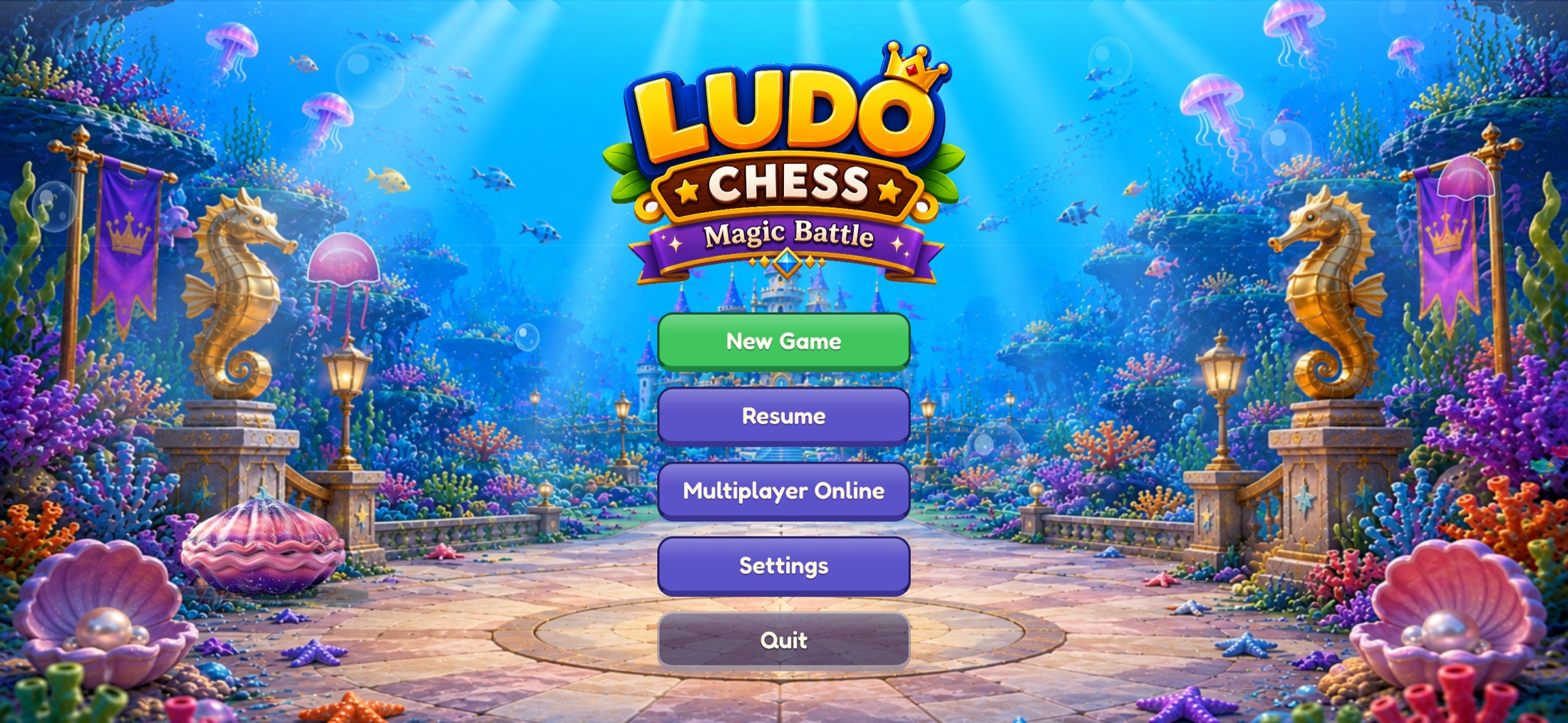 LUDO CHESS main menu — a golden underwater kingdom beneath the waves